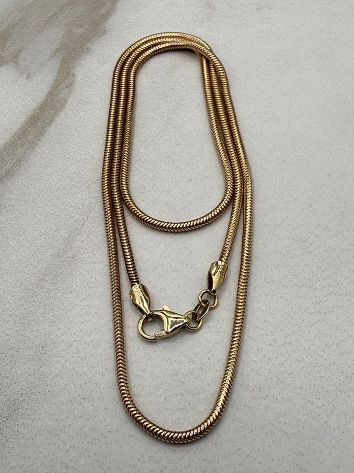 14k yellow gold petite snake chain necklace — worn on neck