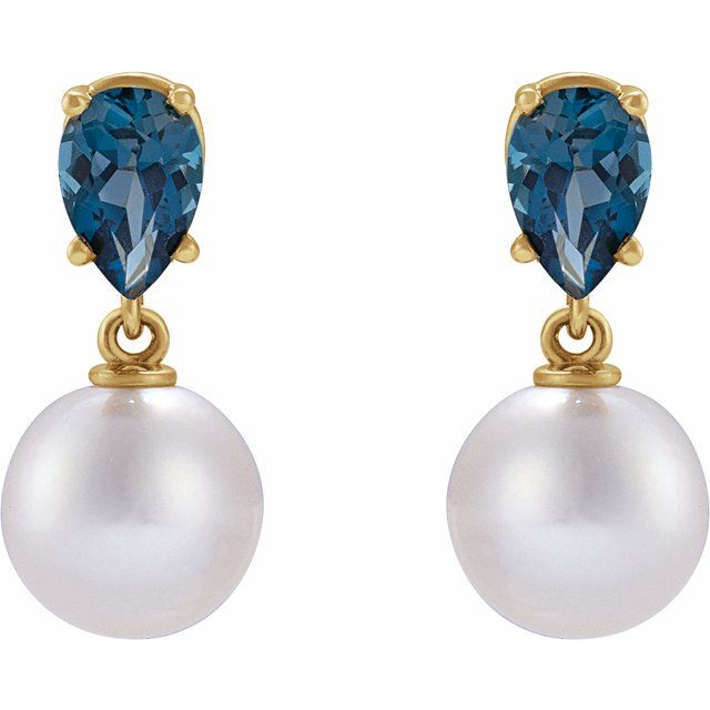 14k yellow gold Mademoiselle pearl drop earrings with blue topaz — front view