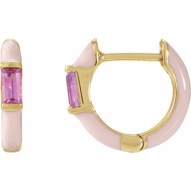 14k yellow gold pink enamel huggie earrings with pink tourmaline — front view
