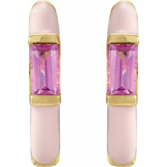14k yellow gold pink on pink huggie earrings — worn on ear
