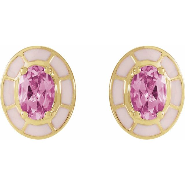 14k yellow gold pink on pink stud earrings — worn on ear