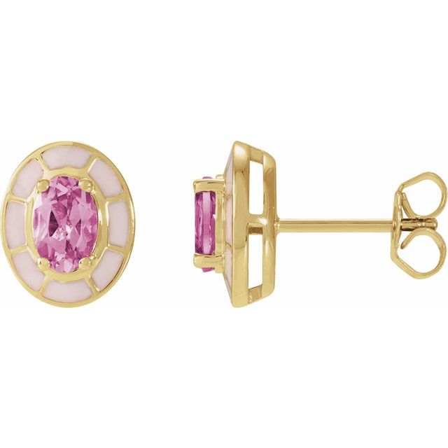 14k yellow gold pink enamel stud earrings with raspberry pink tourmaline — front view