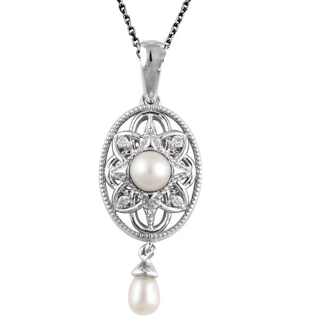 Sterling silver Mademoiselle pearl necklace with diamond accent — front view