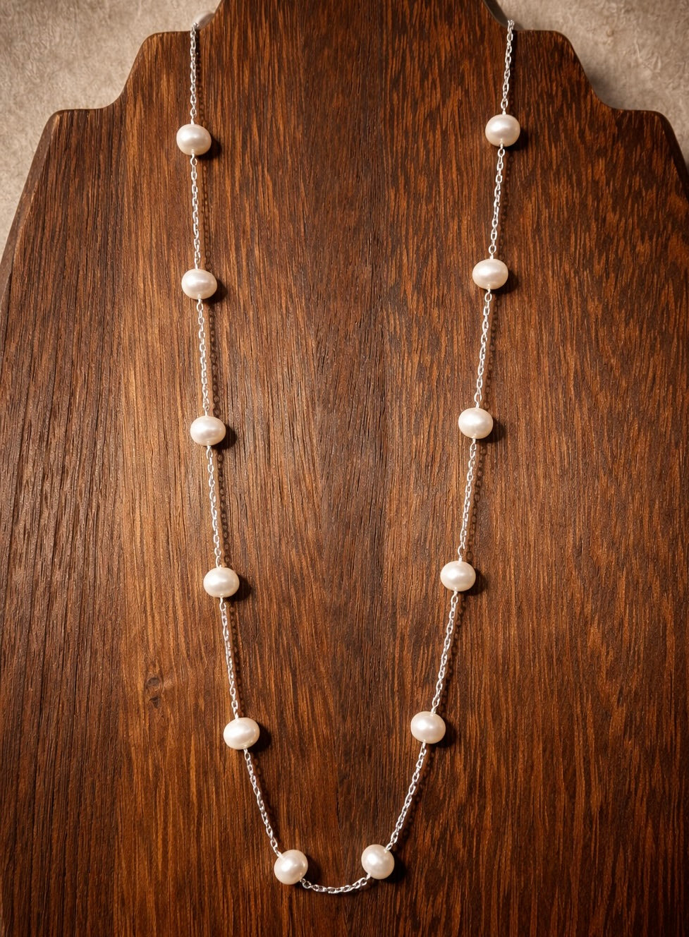 Sterling silver pearl station necklace — worn
