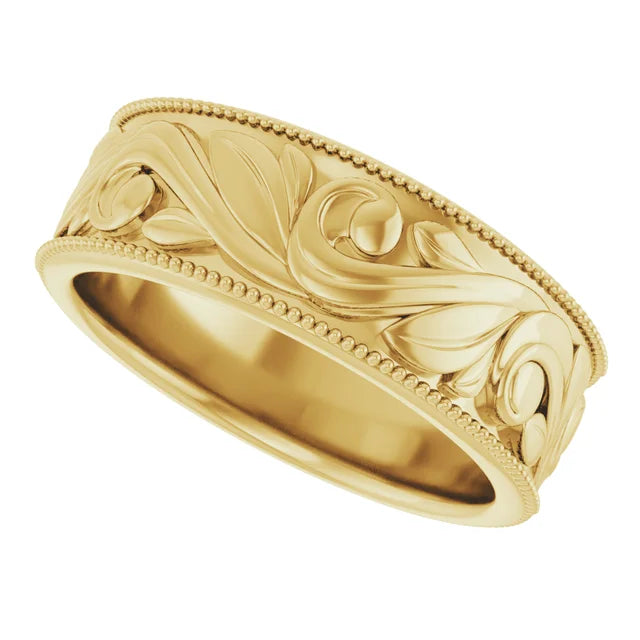 Platinum sculpted engraving wedding band — left view