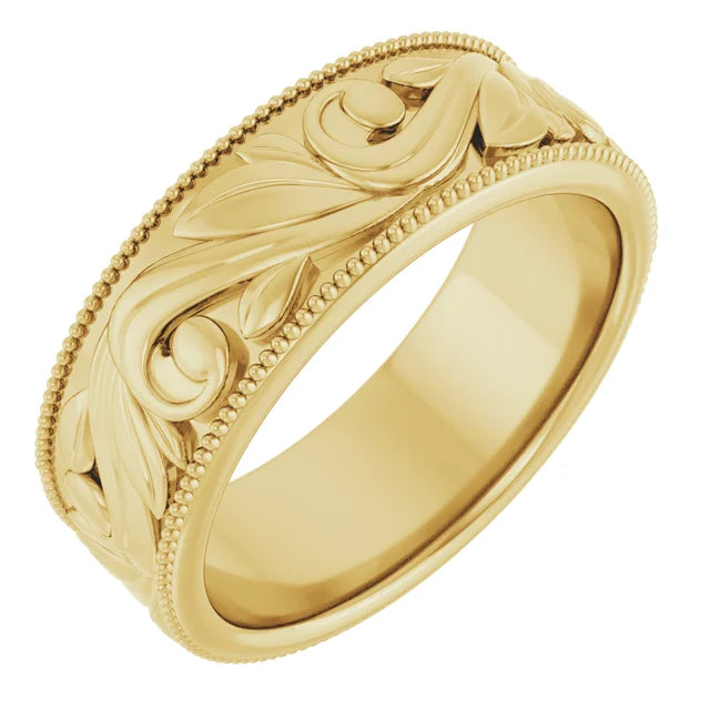 Platinum sculpted engraving wedding band — right view