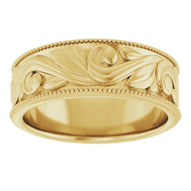 Platinum sculpted engraving wedding band — top view