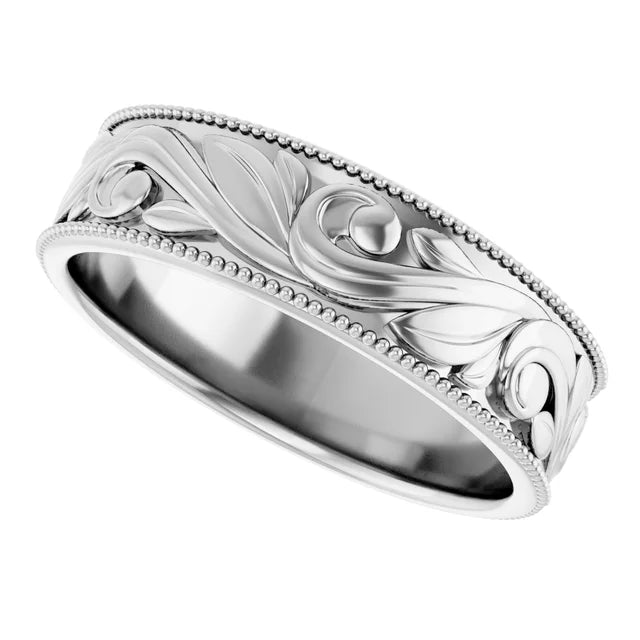 Platinum sculpted engraving wedding band — 6mm worn on hand