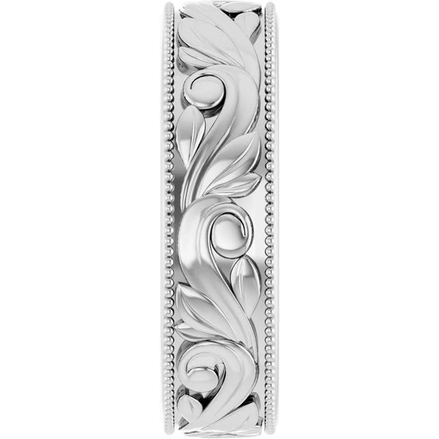 Sterling silver sculpted engraving wedding band — worn on hand