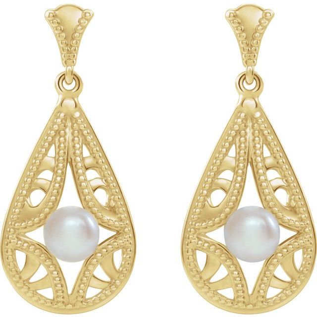 Lace pearl drop earrings — angled view