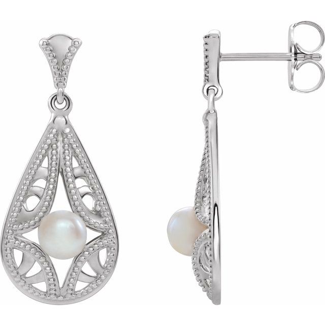 14k white gold lace pearl drop earrings — front view