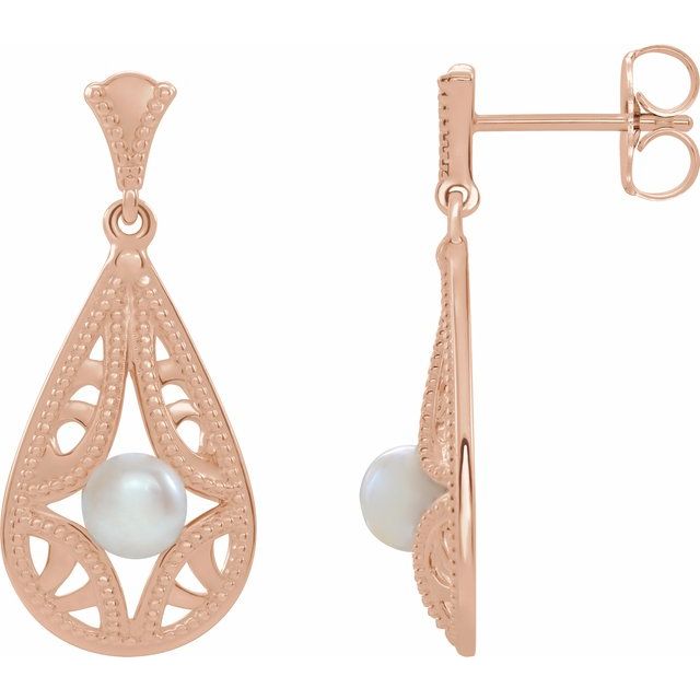 14k yellow gold lace pearl drop earrings — front view