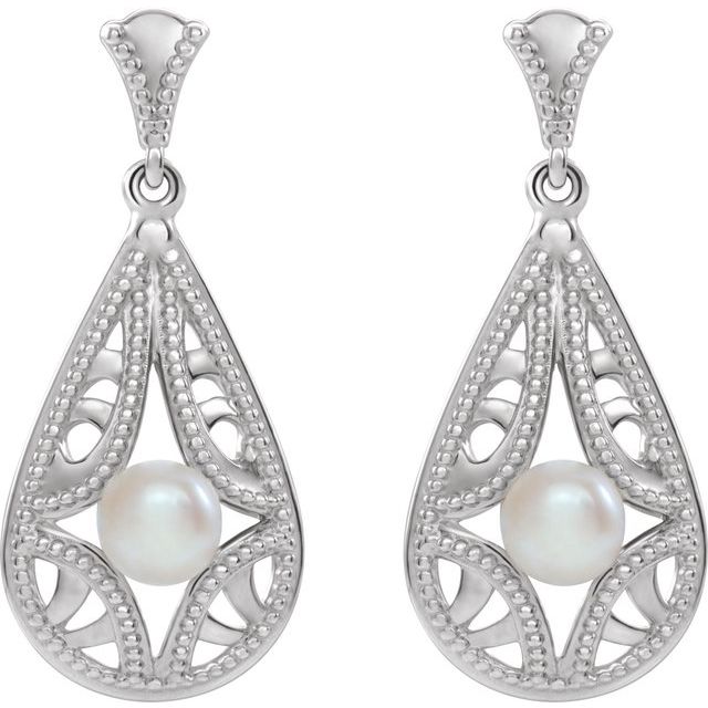 Sterling silver lace pearl drop earrings with Victorian filigree — front view