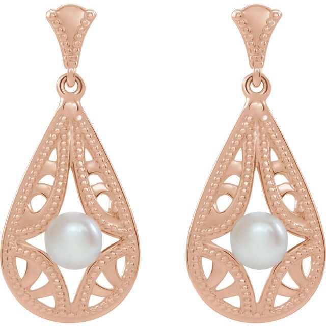 14k rose gold lace pearl drop earrings — front view