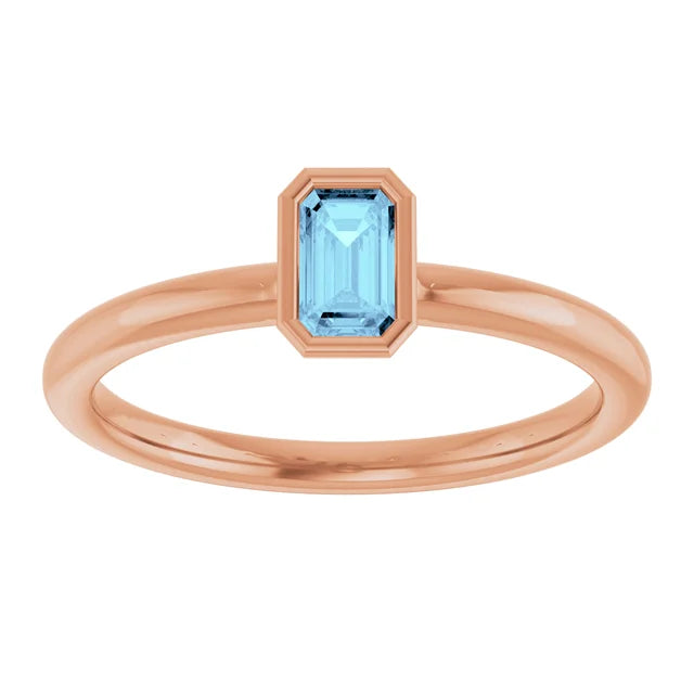 14k yellow gold aquamarine bezel stacking ring — top view