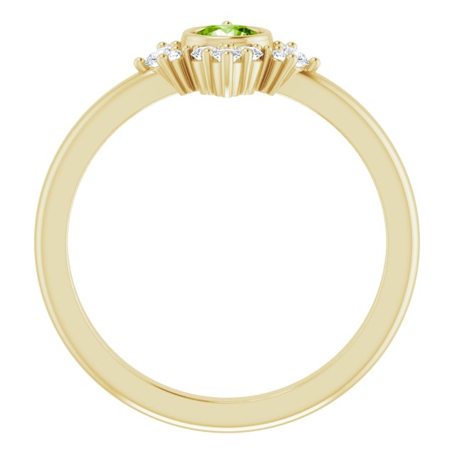 14k yellow gold peridot halo ring — angled view