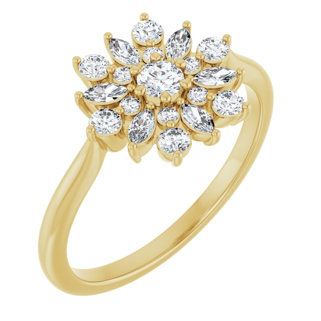 14k yellow gold snowflake ring with lab grown diamonds — top view