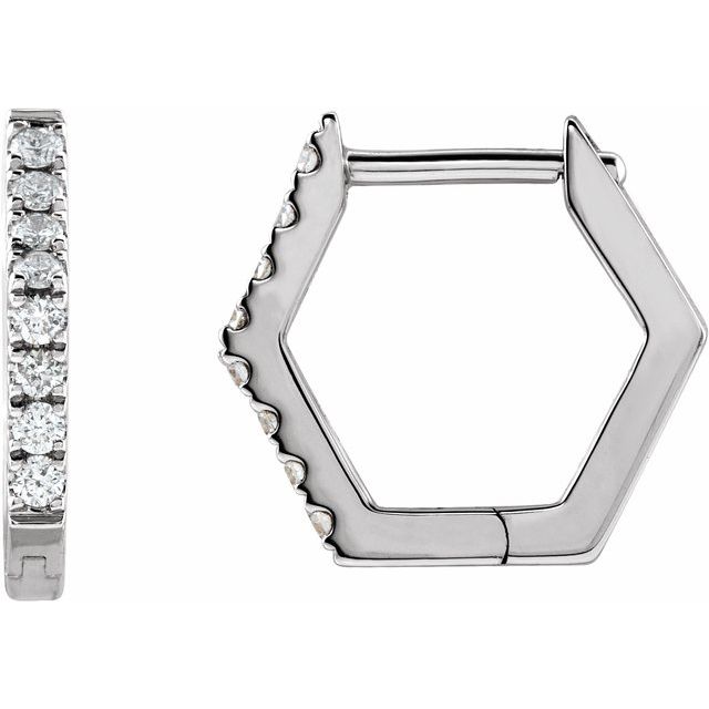 14k white gold sextagon diamond huggie earrings — front view