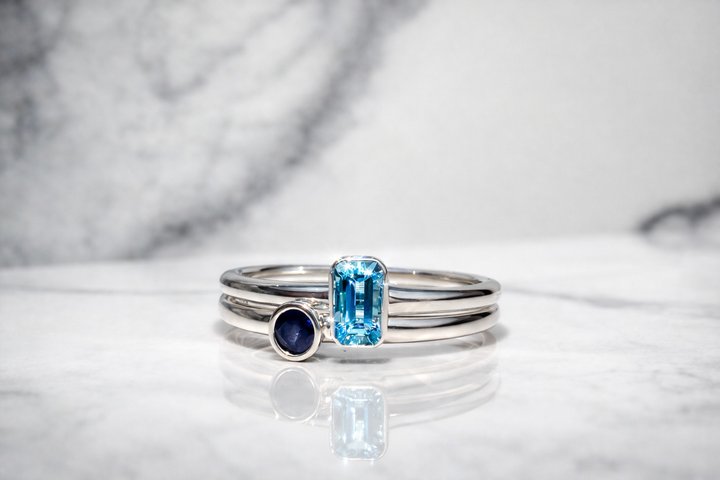 Aquamarine stacking rings styled on hand