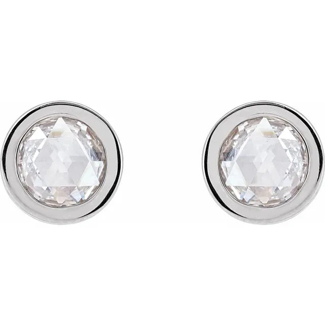 14k white gold rose-cut lab grown diamond bezel stud earrings — front view