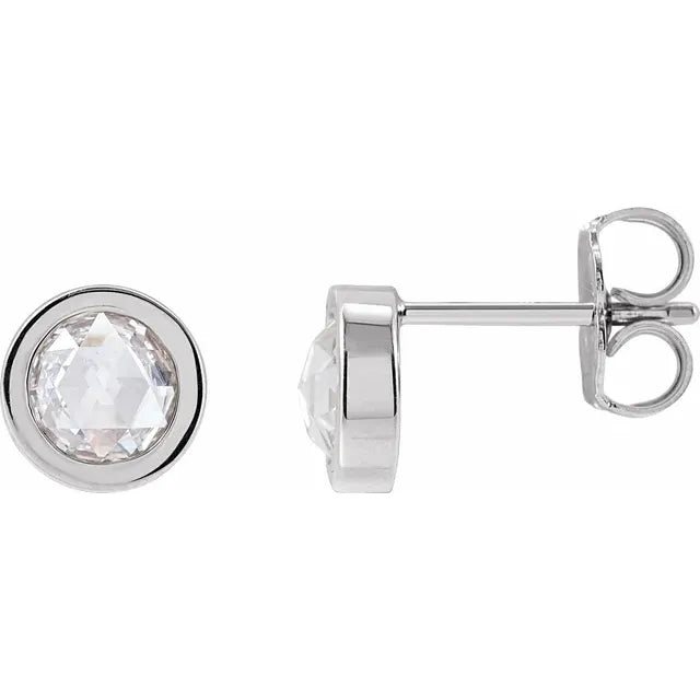 14k rose gold rose-cut lab grown diamond bezel stud earrings — front view