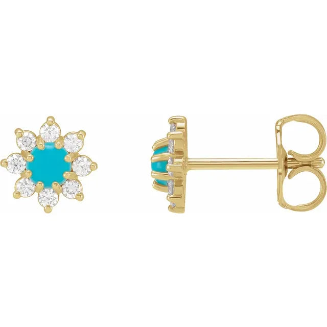 14k yellow gold diamond daisy stud earrings — worn on ear