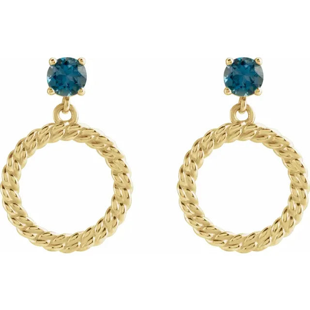 14k yellow gold curb chain drop earrings with blue topaz — front view