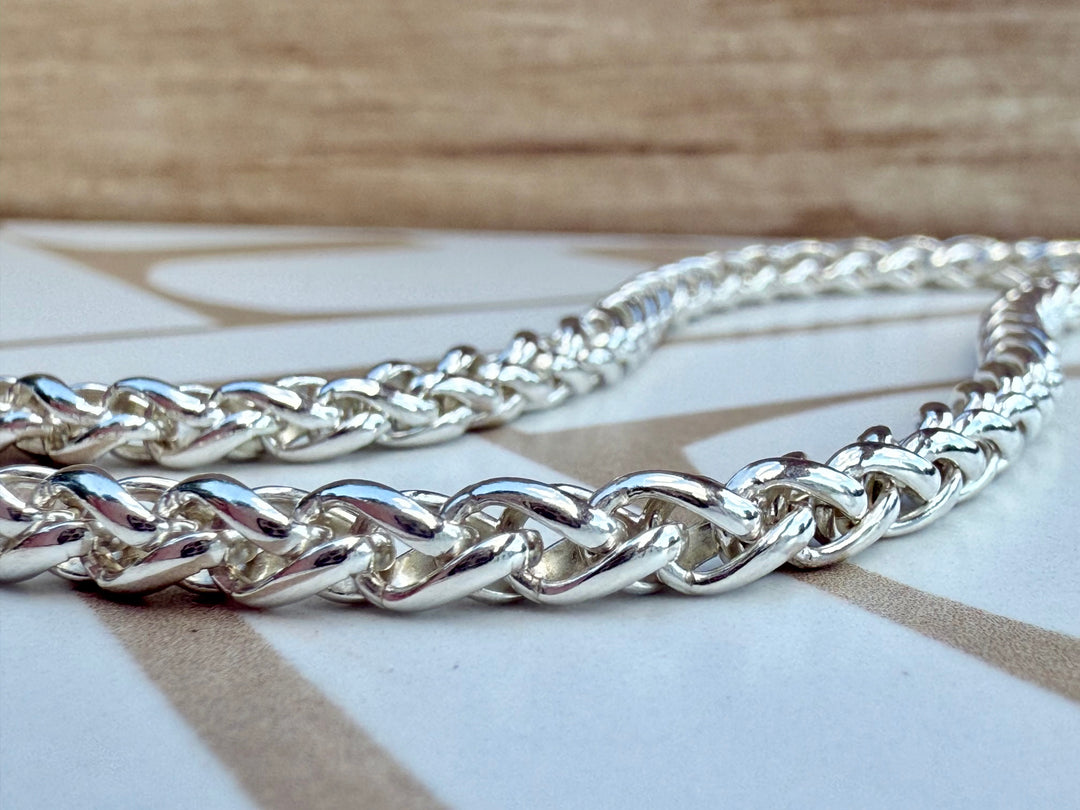 Sterling silver 4mm wheat chain worn on wrist