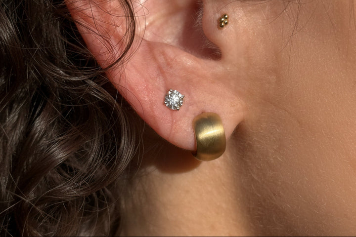 14k yellow gold chubby diamond huggie earrings — alternate view