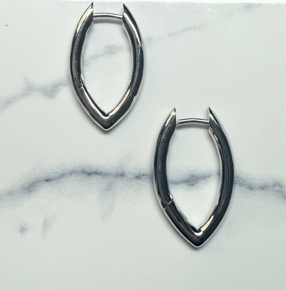 Sterling silver marquise hinged hoop earrings — worn on ear