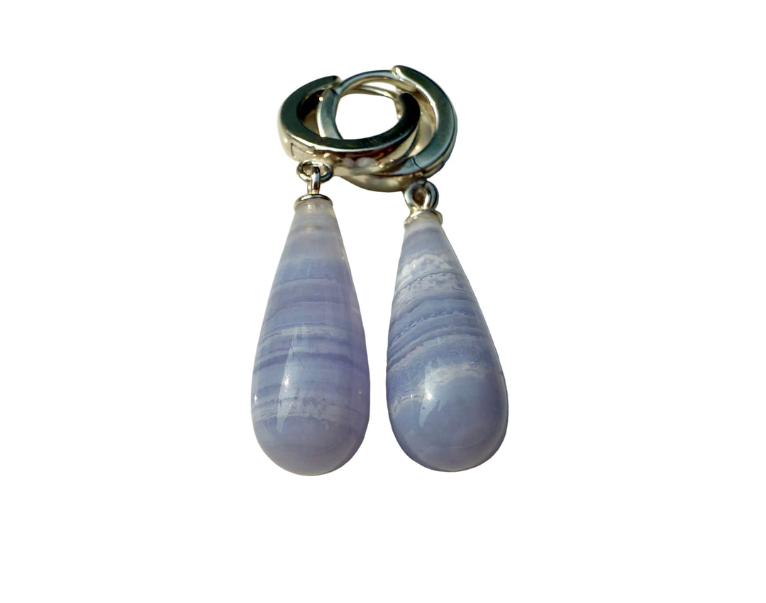 Sterling silver lace agate droplet earrings — front view