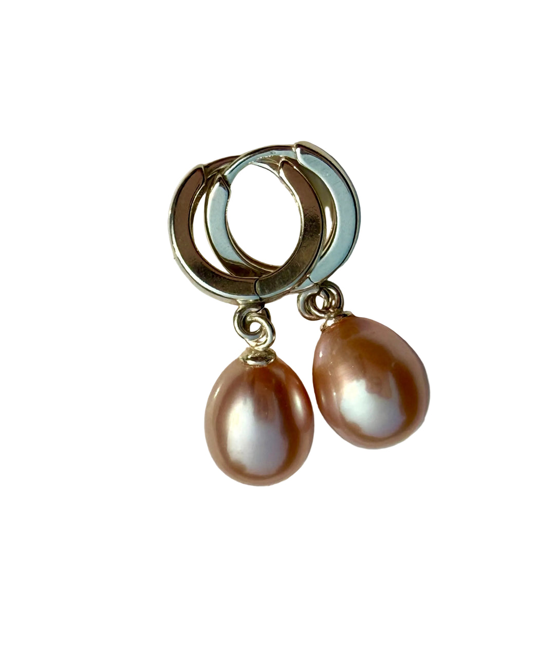 Sterling silver pink pearl drop huggie earrings — front view