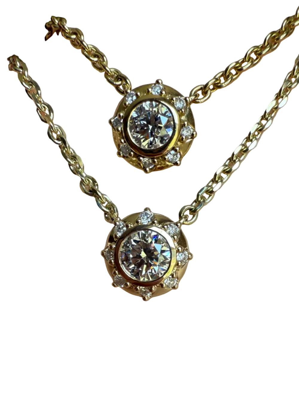 14k yellow gold sacred sun disc pendant necklace with lab grown diamond — worn