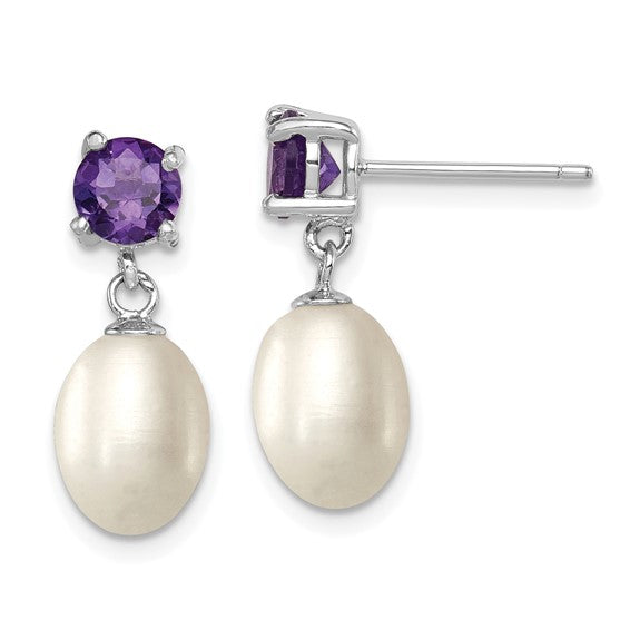 Sterling silver pearl droplet earrings with white topaz — front view