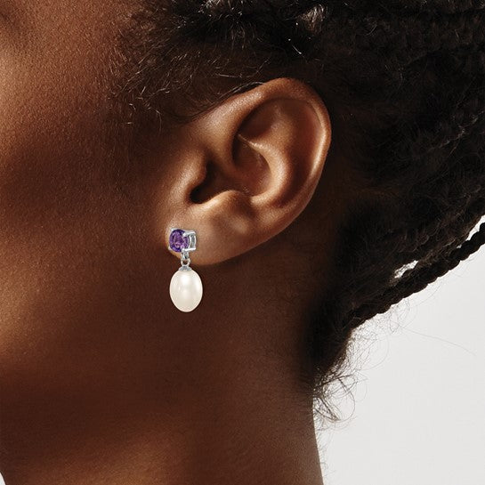 Sterling silver pearl and white topaz drop earrings — alternate view
