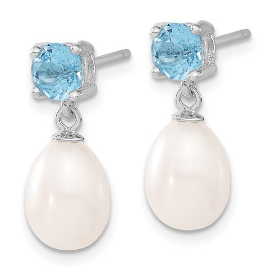 Sterling silver pearl droplet earrings with gemstone — front view