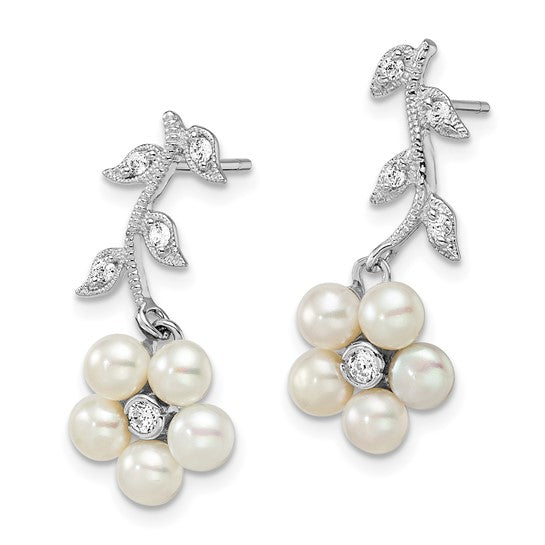 Sterling silver pearl floral drop earrings — front view