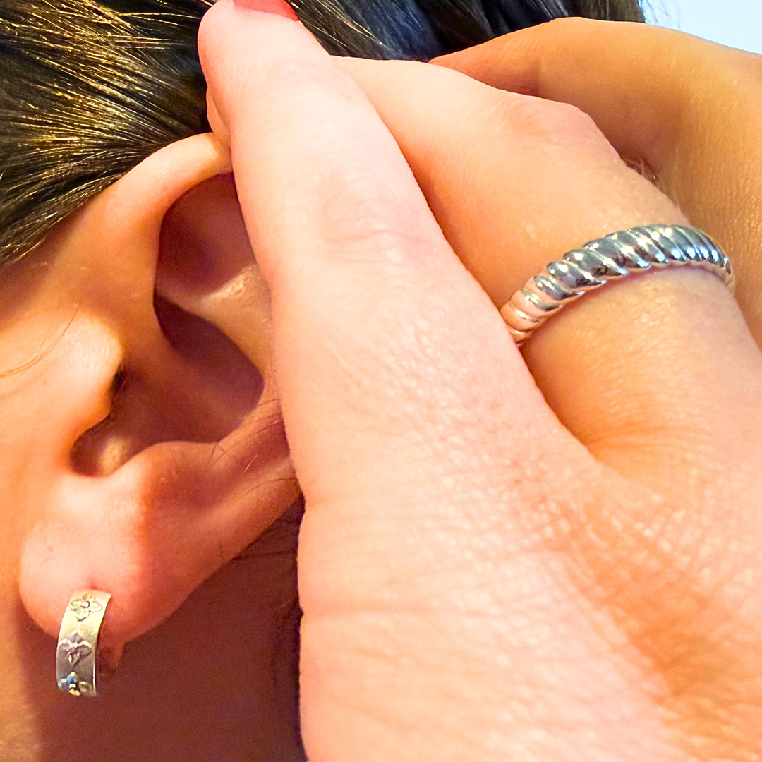 Andalucia huggie earrings styled with rope ring