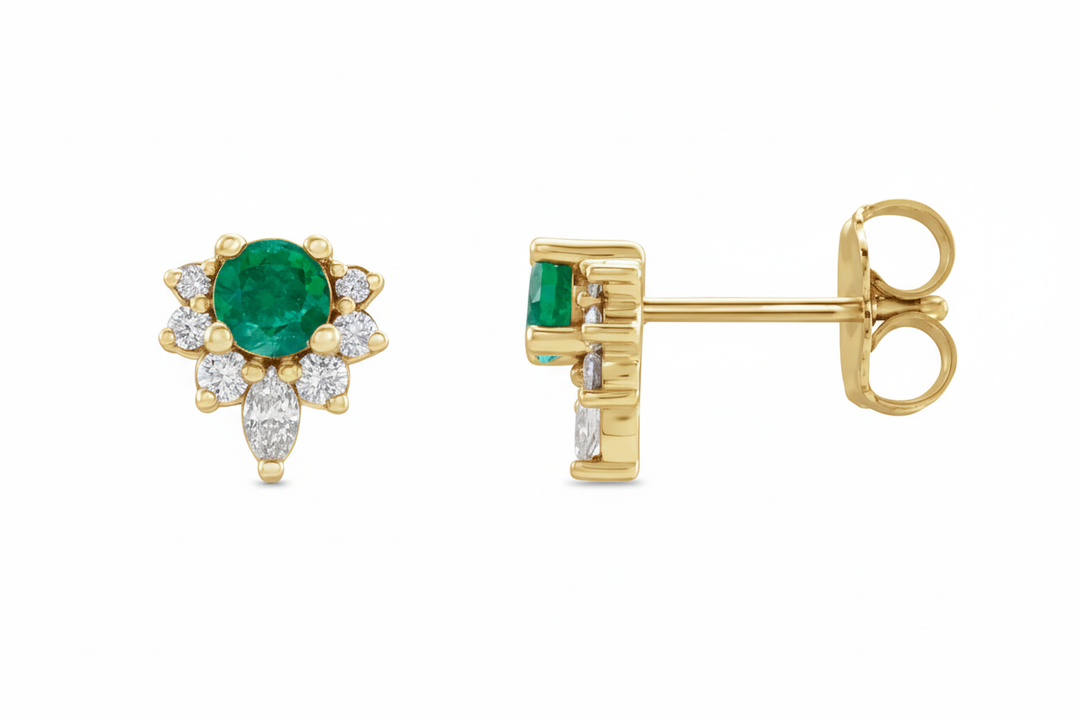 14k yellow gold vampy studs with blue sapphire — front view