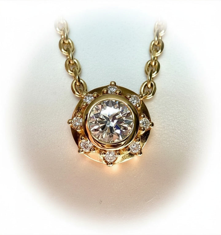 14k yellow gold sacred sun disc pendant necklace with lab grown diamond — lifestyle