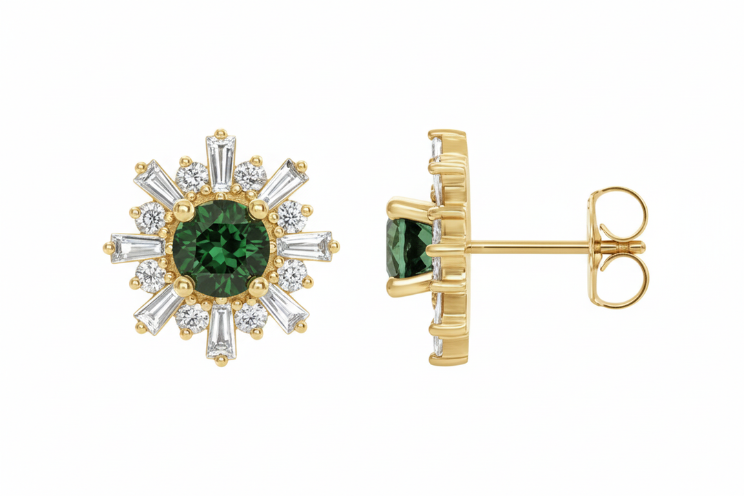 14k yellow gold tourmaline and diamond sputnik earrings — side view