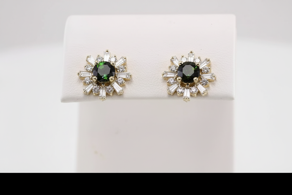 14k yellow gold sputnik diamond earrings — worn on ear