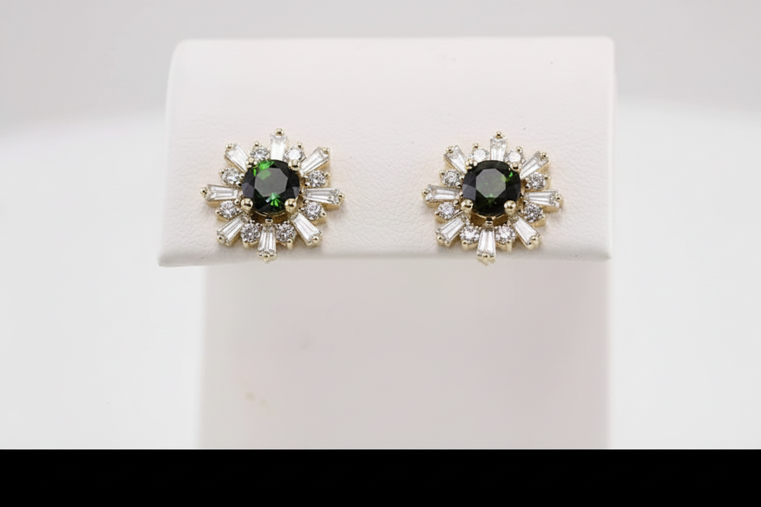14k yellow gold sputnik diamond earrings — worn on ear