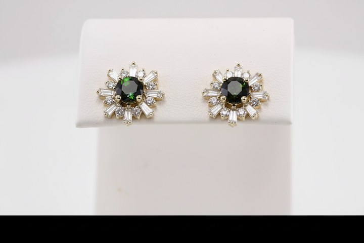 14k yellow gold sputnik diamond earrings — worn on ear