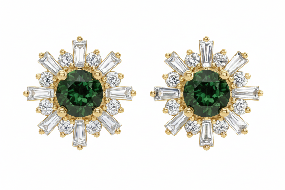 14k yellow gold sputnik starburst earrings with green tourmaline and diamonds — front view