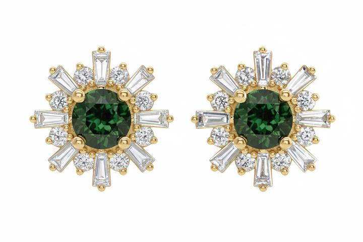 14k yellow gold sputnik starburst earrings with green tourmaline and diamonds — front view