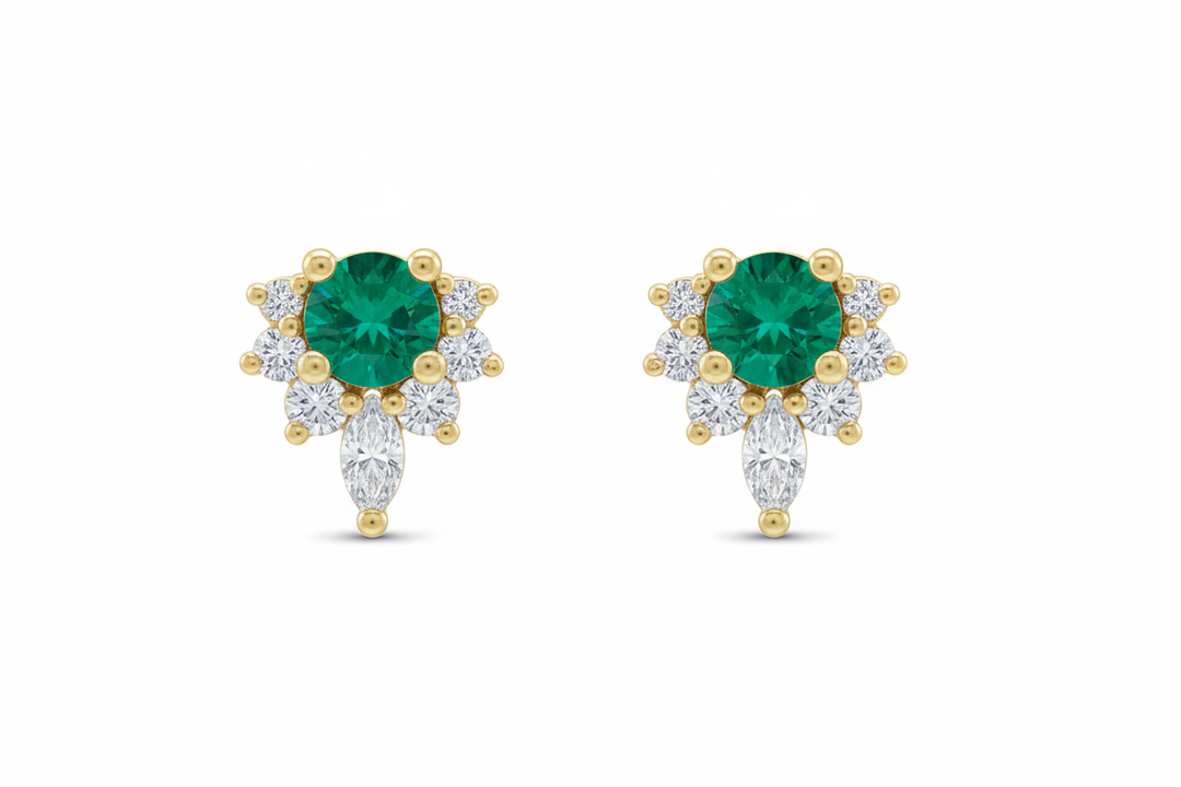 14k yellow gold vampy stud earrings with pink tourmaline and diamond — front view