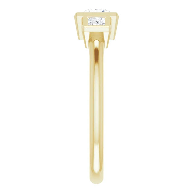 18k yellow gold triple princess cut lab diamond ring — side view