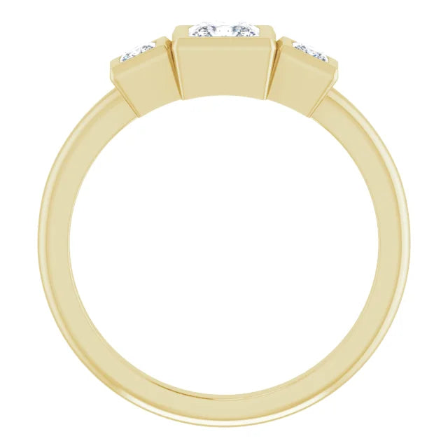 18k yellow gold triple princess cut lab diamond ring — through view