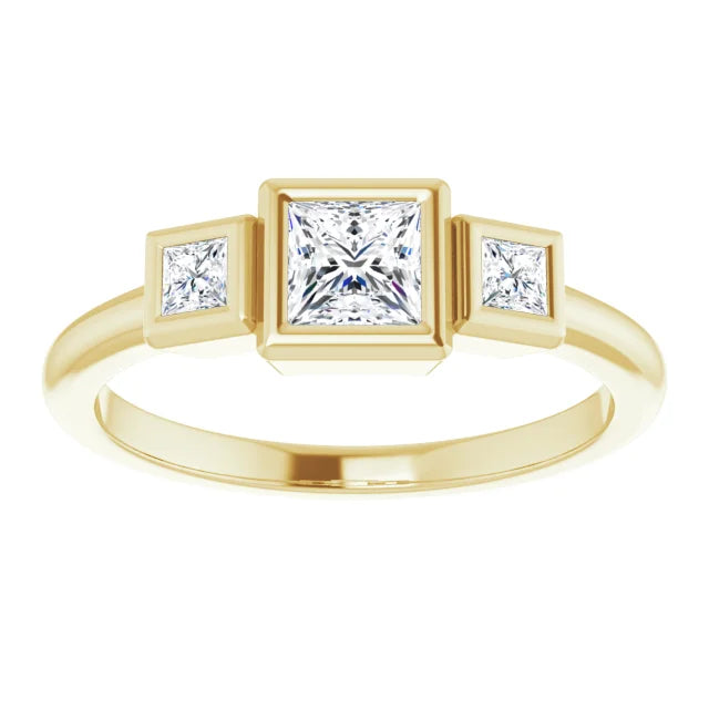 18k yellow gold triple princess cut lab diamond ring — top view